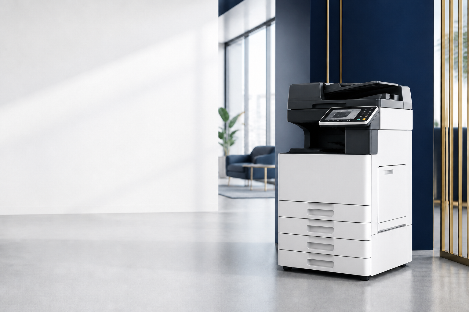 A premium multifunction office printer in a refined modern corporate workspace